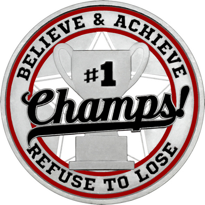 Black "Champs!" with Maroon Outer Circular Borders